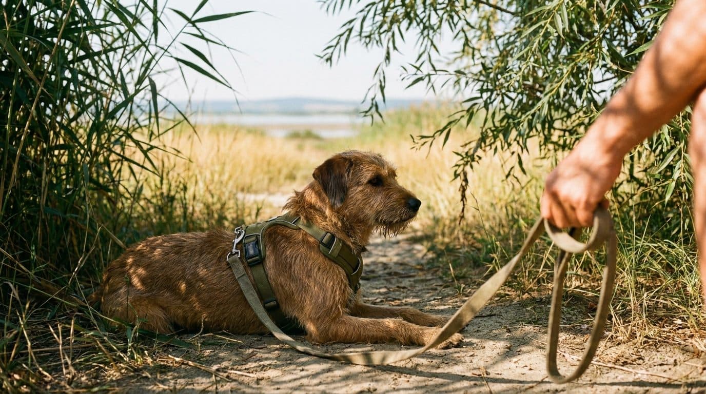 Zufriedener Hund mit Y-Geschirr und lockerer Leine im Schatten am Ufer des Neusiedler Sees an einem warmen Sommertag