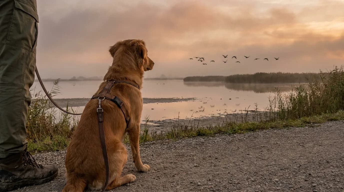 Hund beobachtet an der Leine ruhig Wildgänse über einer Lacke — Impulskontrolle in Apetlon