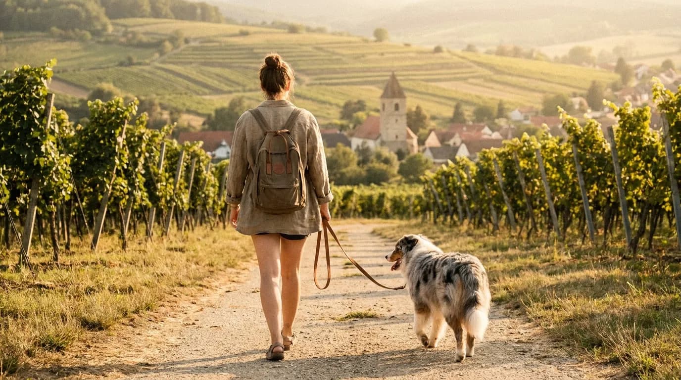 Hundetrainerin geht mit Hund an lockerer Leine durch die Weinberge — Hundeschule Halbturn