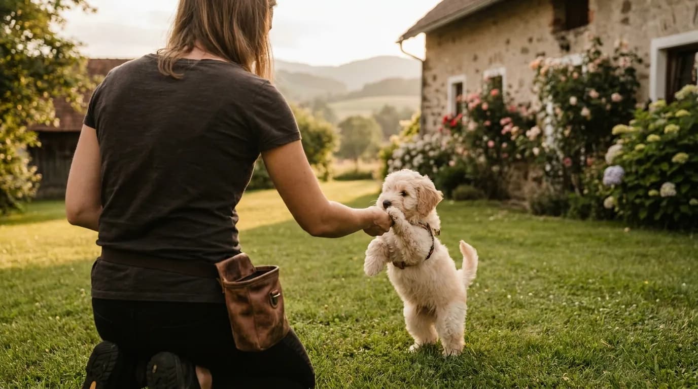 Hundetrainerin belohnt Welpen im Garten — mobiles Training zuhause in Halbturn