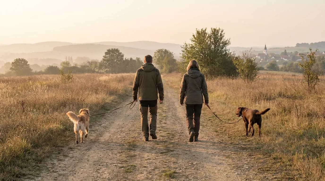Zwei Hunde begegnen sich entspannt an lockerer Leine — Begegnungstraining Willenskraft Region Neusiedl am See
