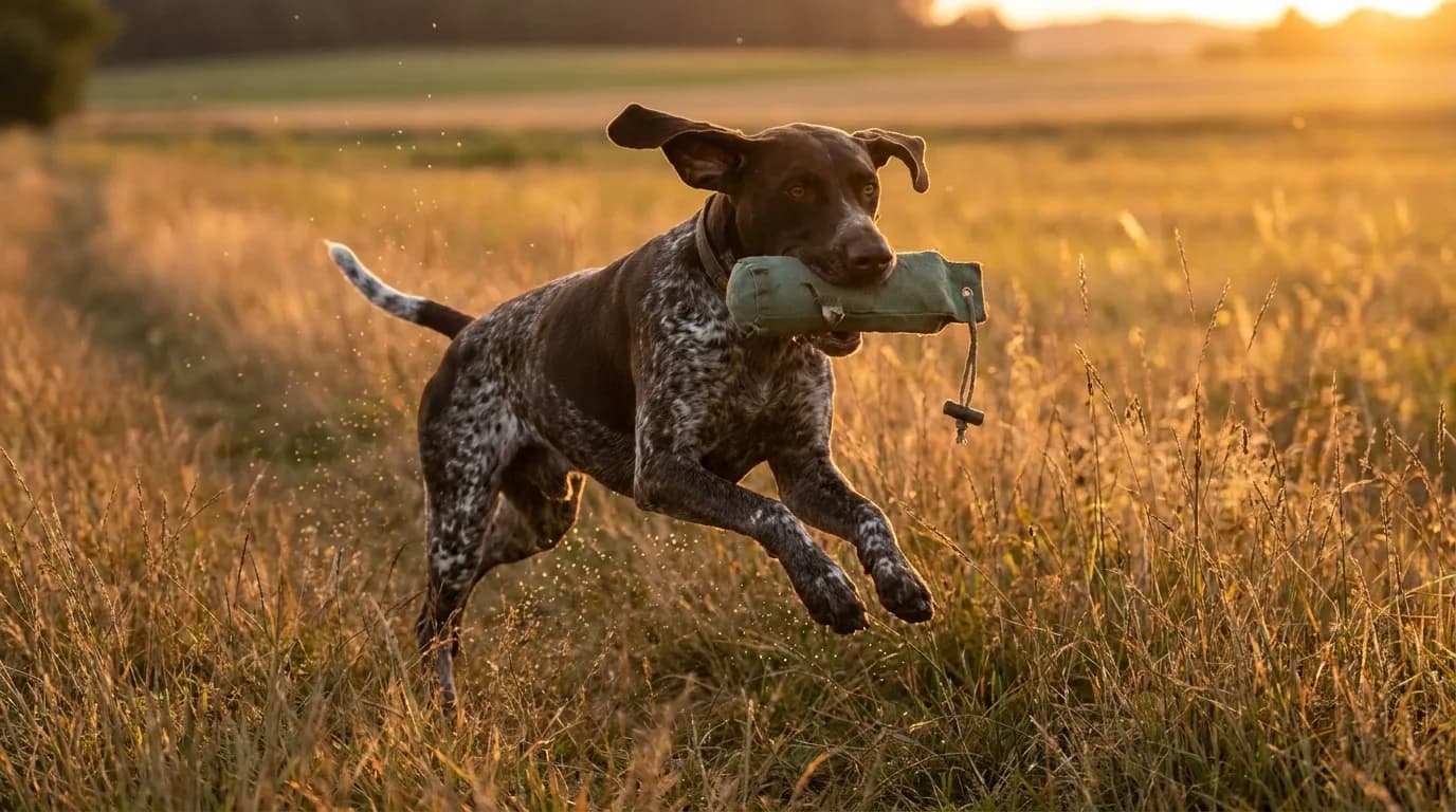 Hund apportiert freudig einen Trainingsdummy über die Wiese — Dummytraining Willenskraft Region Neusiedl am See