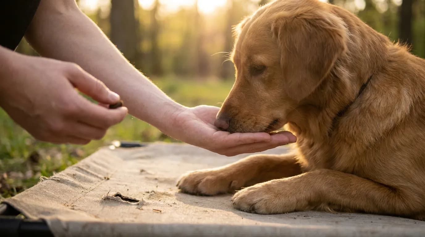 Hund legt entspannt das Kinn in die Hand der Trainerin (Chinrest) — Medical Training Willenskraft Region Neusiedl am See