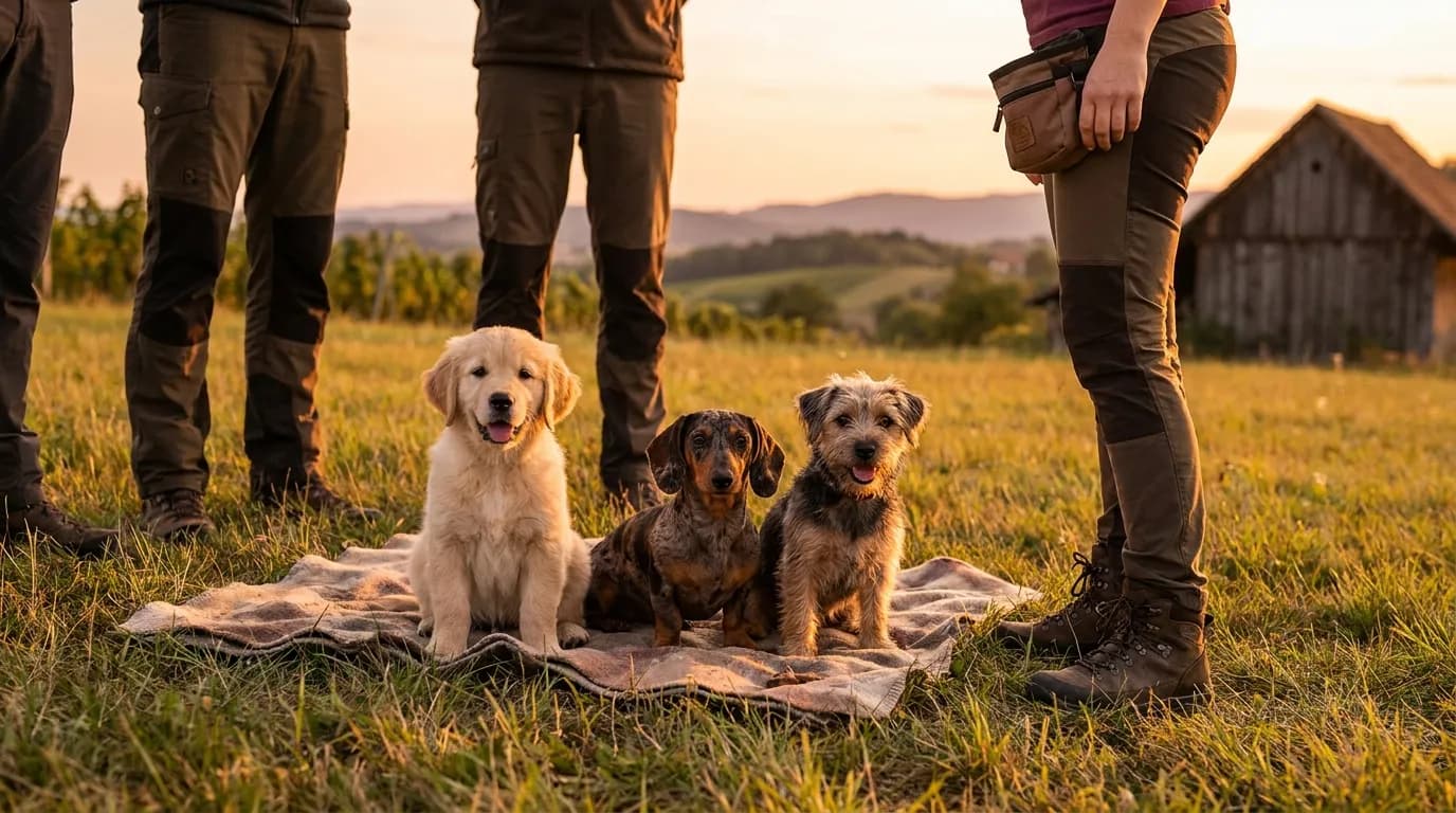 Welpengruppe lernt auf der Wiese — Welpenkurs der mobilen Hundeschule Willenskraft Region Neusiedl am See