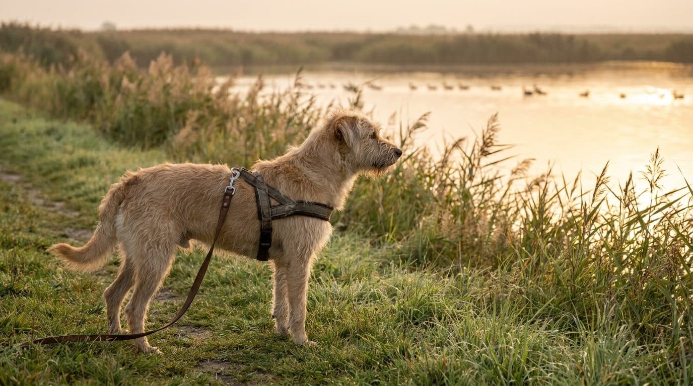 Zufriedener Hund mit Y-Geschirr und lockerer Leine am schilfbestandenen Ufer des Neusiedler Sees im Seewinkel bei warmem Morgenlicht