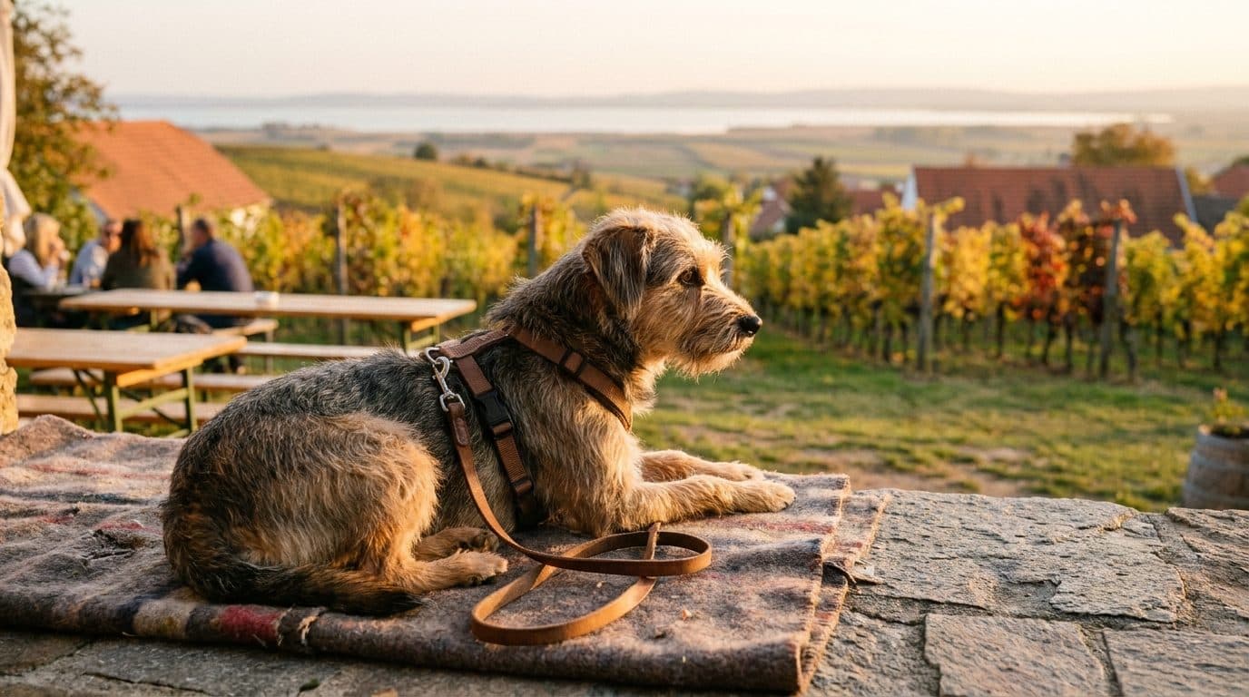 Zufriedener Hund mit Y-Geschirr und lockerer Leine liegt entspannt am Rand eines Weingartens bei Gols im Seewinkel während der Weinlese.
